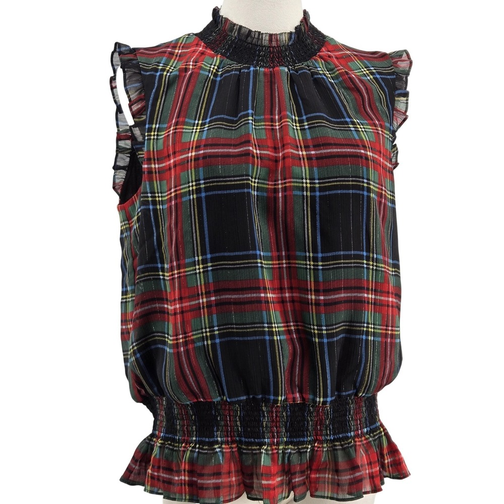 J.Crew Plaid Blouse Womens S Multicolor Sleeveless Ruffle Lined Chiffon